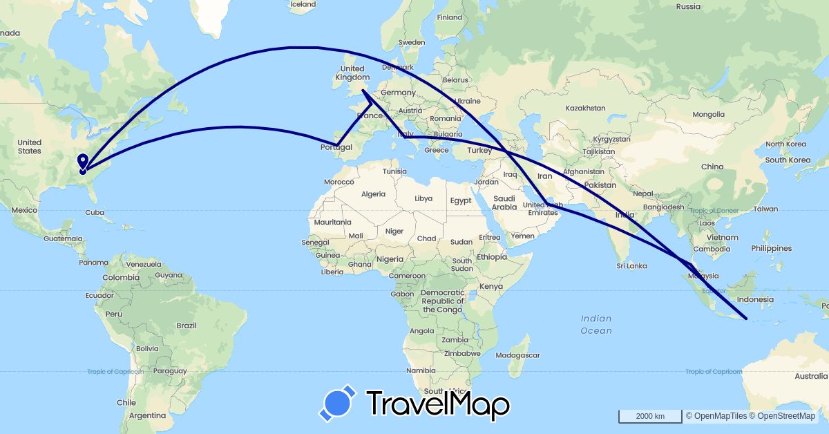 TravelMap itinerary: driving in United Arab Emirates, France, United Kingdom, Indonesia, Italy, Portugal, Singapore, Thailand, United States (Asia, Europe, North America)
